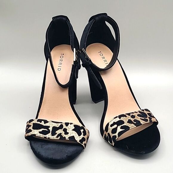 Torrid Black Velvet Ankle Strap Heels & Gold Glitter Leopard Print Peep Toe, 10W - Picture 1 of 11